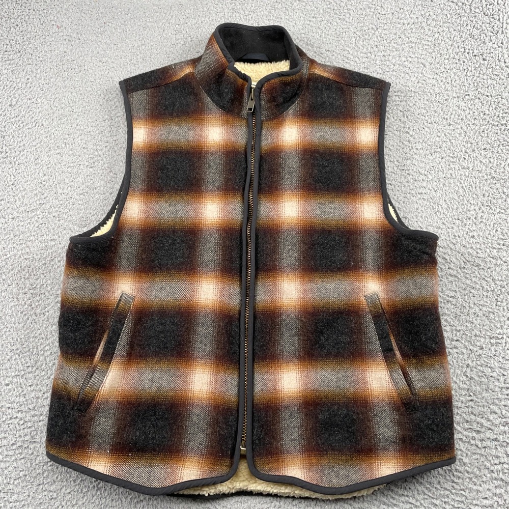 LL Bean Vest Mens Large Brown Plaid Wool Blend Sherpa Lined Full Zip Outdoor